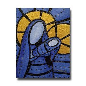 Blue Gold Abstract Art Original Mother Child Acrylic Christmas Painting